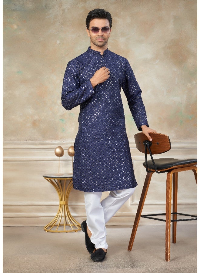 OUTLUK Navy Blue Cotton Kurta Pajama for Men - Image 3